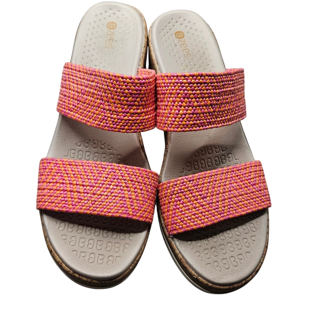 Bzees Sz 9 Double Strap Cork Wedge Sandals Red Orange Stretch Woven Comfort #374